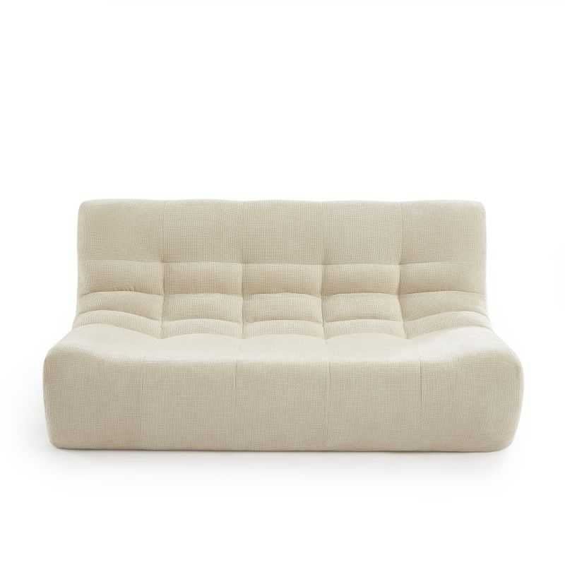 Banquette 2 places tissu chenille écru, design bas contemporain sans accoudoirs