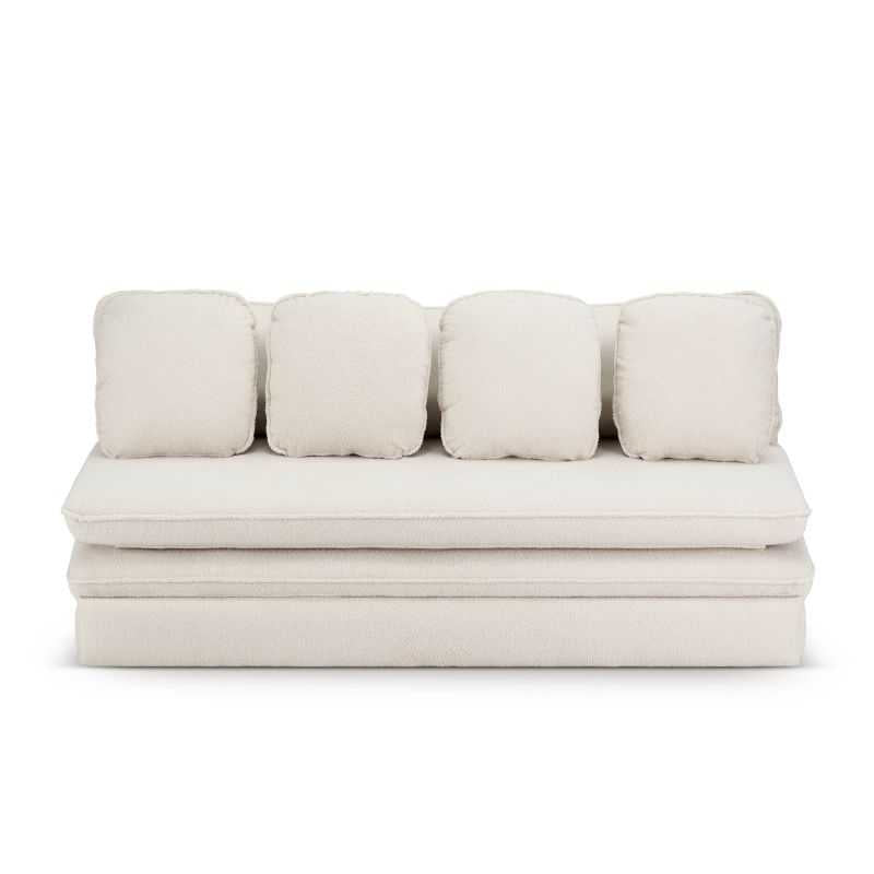 Banquette convertible 3 places tissu bouclette écru, idéale petit espace studio