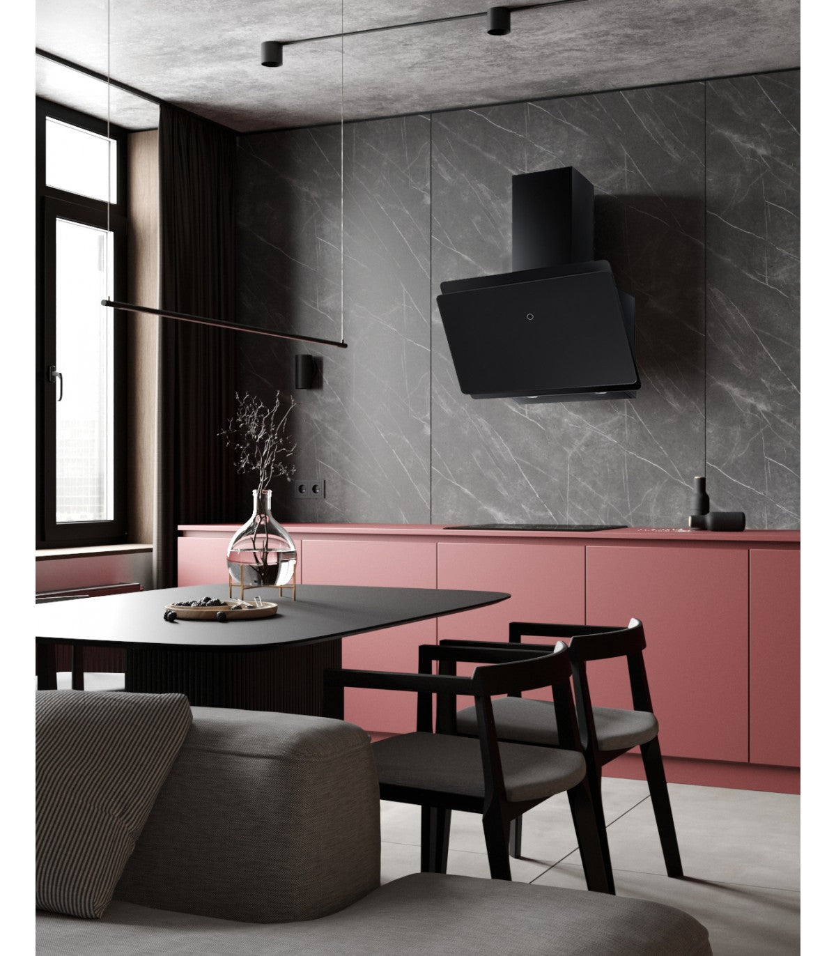 Hotte inclinée murale BELDEKO LINKIA 60 BK : Verre noir 60 cm, 455 m³/h, touches sensitives et 2 filtres à charbon fournis