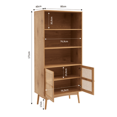 Bibliothèque INES effet chêne et cannage rotin 80x171cm