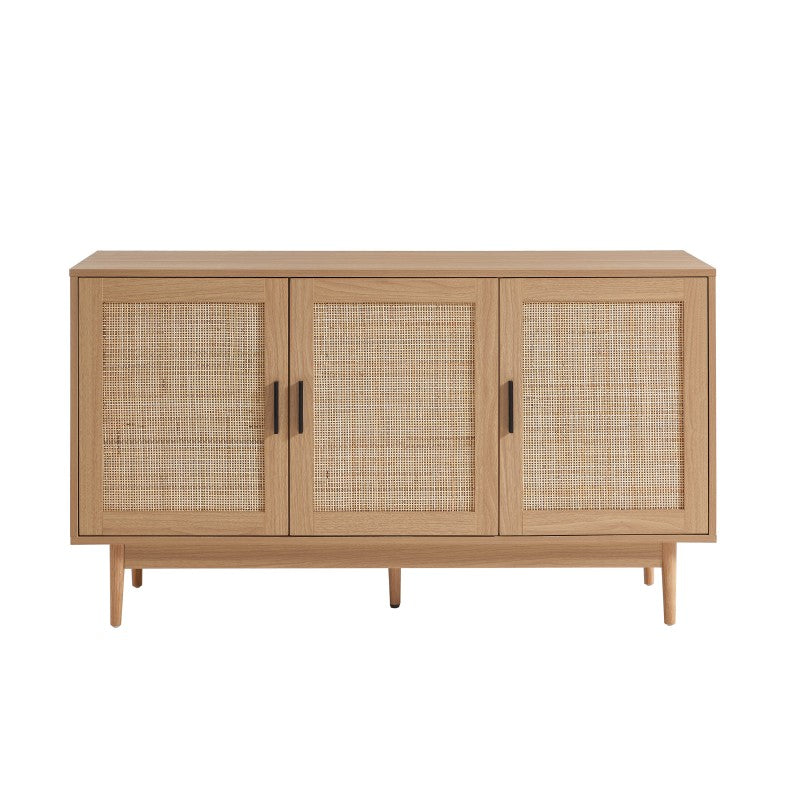 Buffet 130cm effet chêne et cannage rotin, élégance naturelle pour salon ou salle à manger