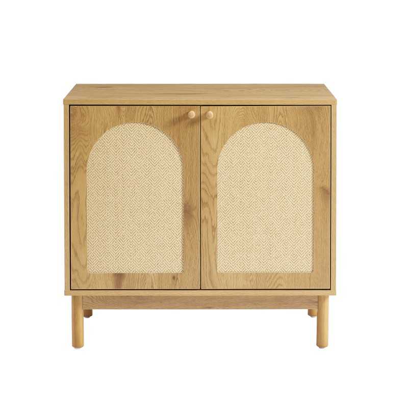Buffet 2 portes 80cm effet chêne clair et rotin naturel, style bohème chaleureux
