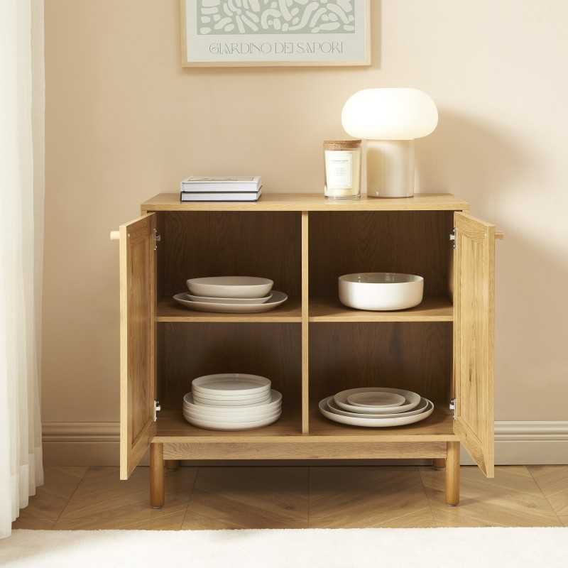 Buffet BAAMA effet chêne et rotin naturel 2 portes 80cm