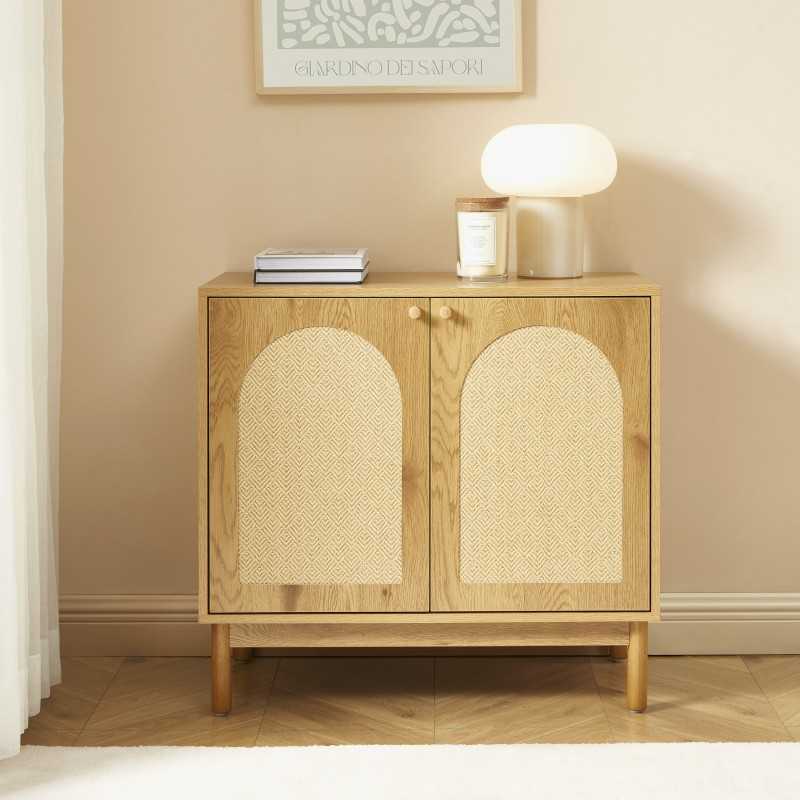 Buffet BAAMA effet chêne et rotin naturel 2 portes 80cm