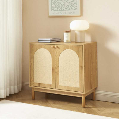Buffet BAAMA effet chêne et rotin naturel 2 portes 80cm