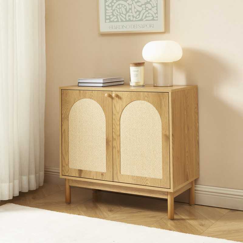 Buffet BAAMA effet chêne et rotin naturel 2 portes 80cm
