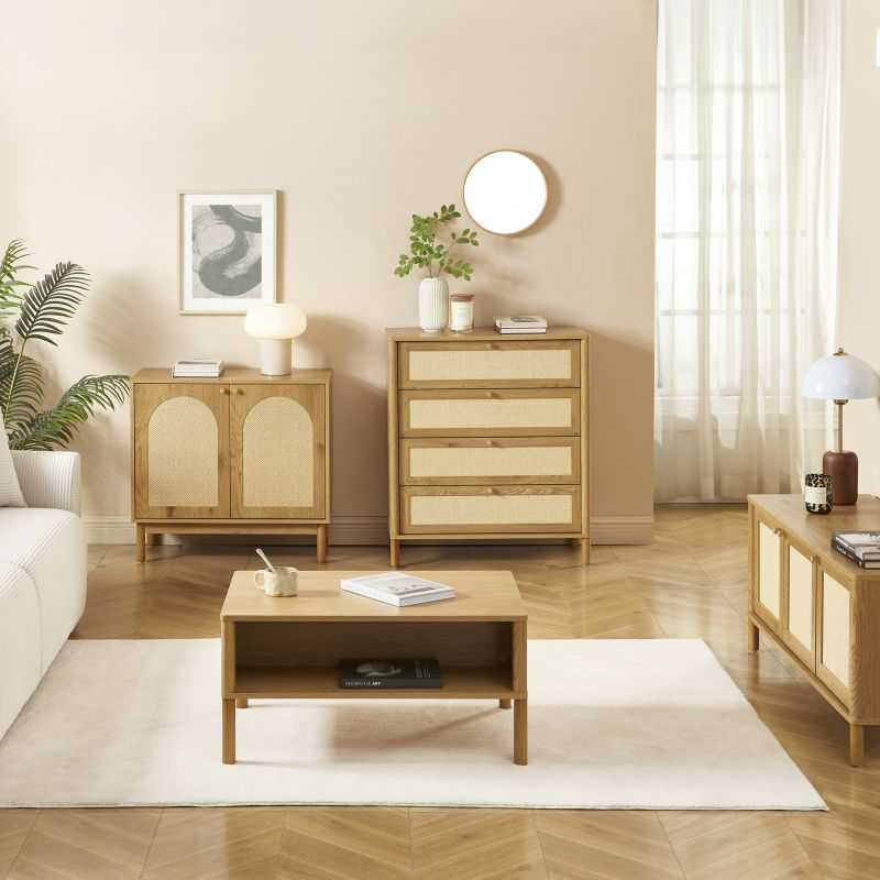Buffet BAAMA effet chêne et rotin naturel 2 portes 80cm