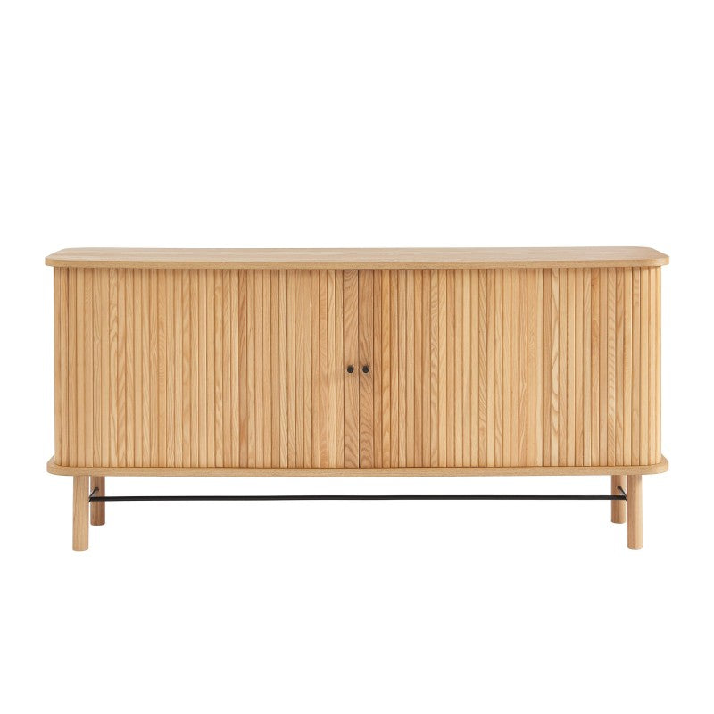 Buffet 2 portes tambour coulissantes 160cm, placage frêne et pieds métal noir