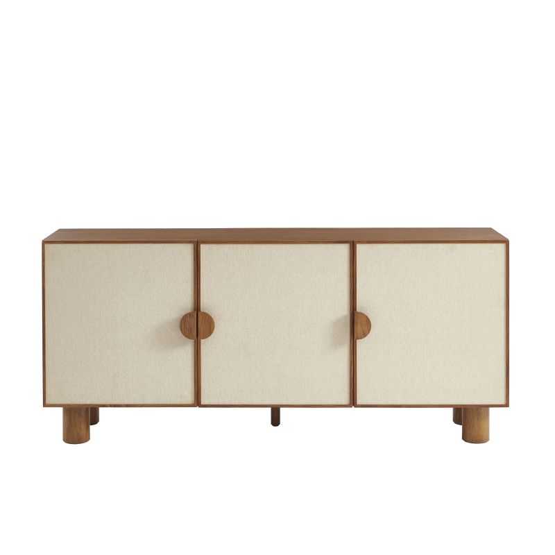 Buffet 3 portes 170cm placage frêne et façades tissu lin, design chaleureux naturel