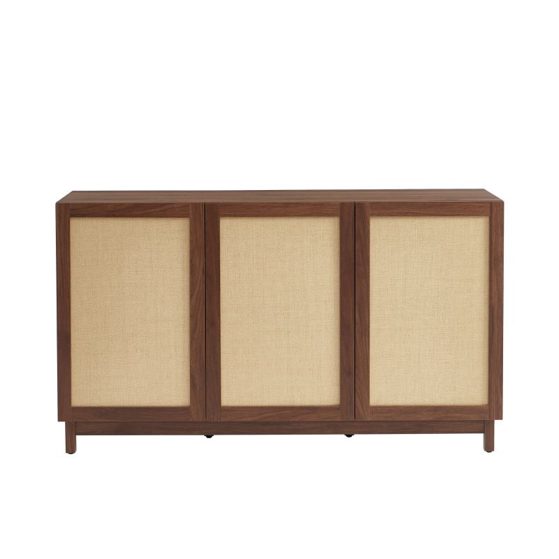 Buffet 3 portes 140cm effet noyer et façades rotin, style naturel chaleureux
