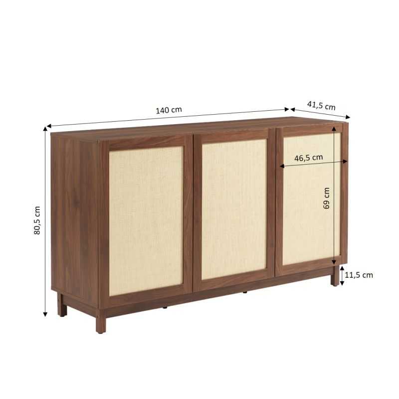 Buffet HARIA effet noyer et rotin 3 portes 140cm