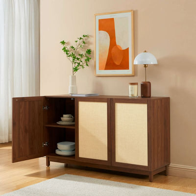 Buffet HARIA effet noyer et rotin 3 portes 140cm
