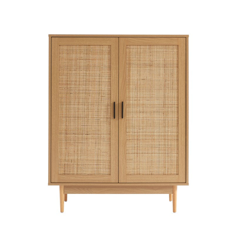 Buffet haut 2 portes 90cm effet chêne et cannage rotin, meuble de rangement élégant