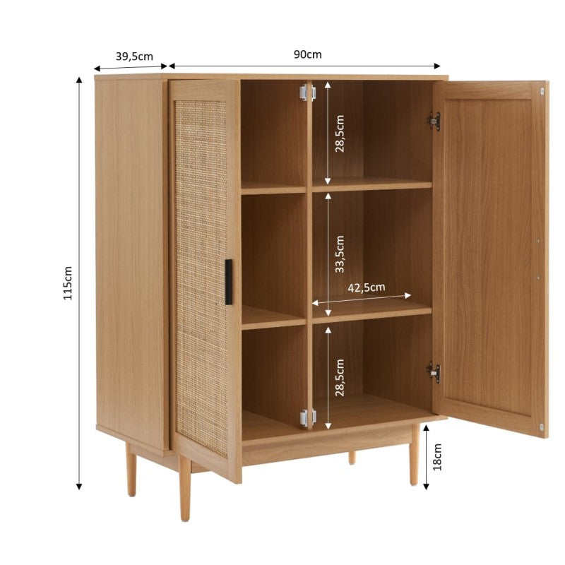 Buffet haut AMANA effet chêne et cannage rotin 2 portes 90cm