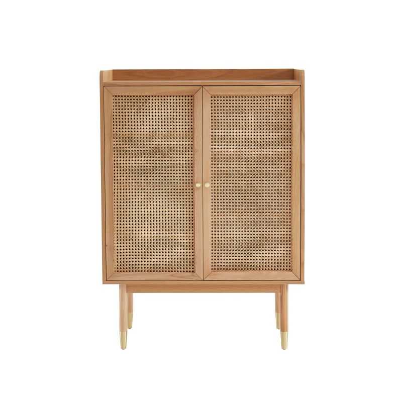 Buffet haut 90cm placage chêne et cannage rotin, meuble salon salle à manger