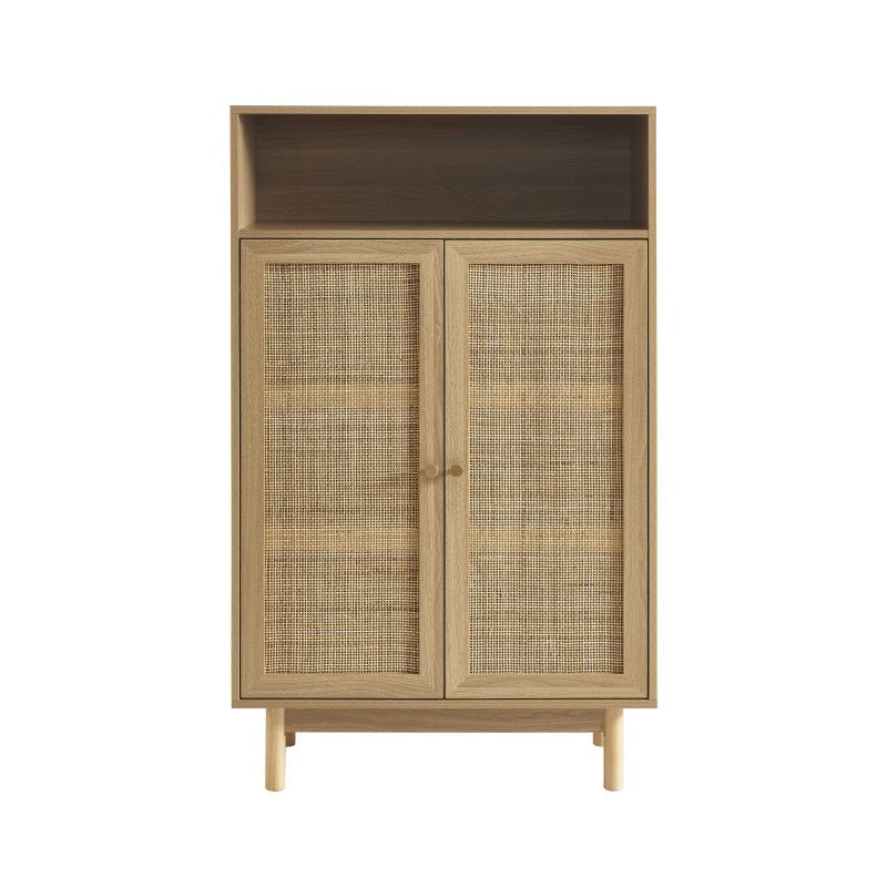 Buffet 2 portes 80cm effet chêne et cannage rotin, style bohème chic pour salon ou cuisine