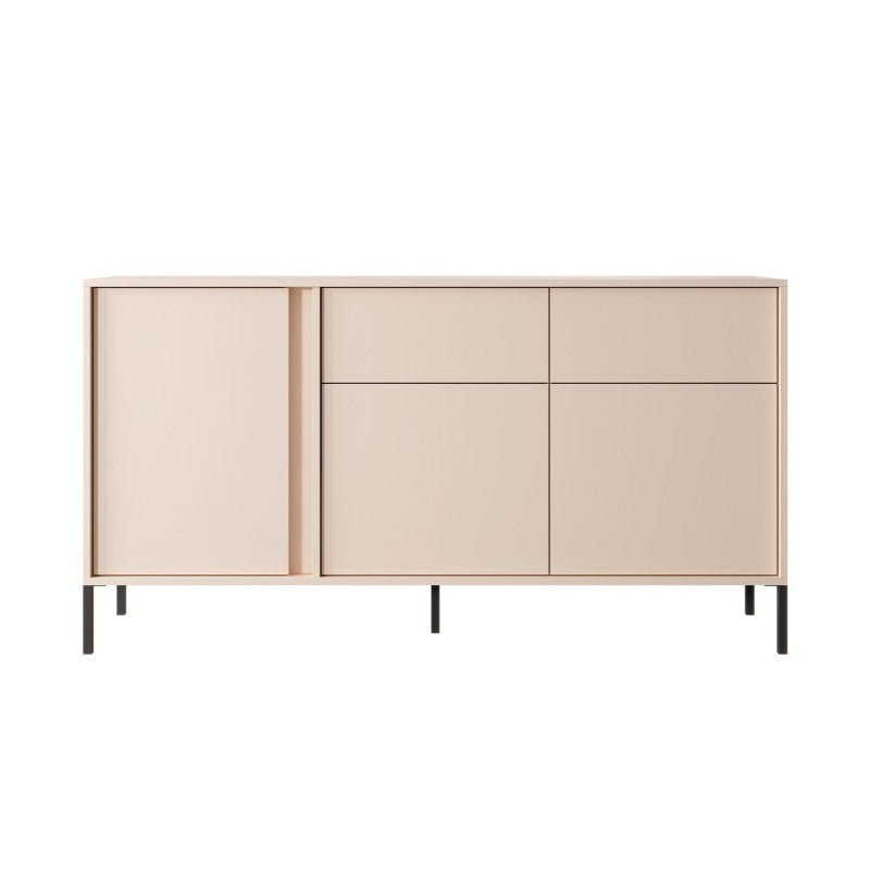 Buffet de cuisine beige mat 3 portes 2 tiroirs 153cm, sans poignées, design épuré