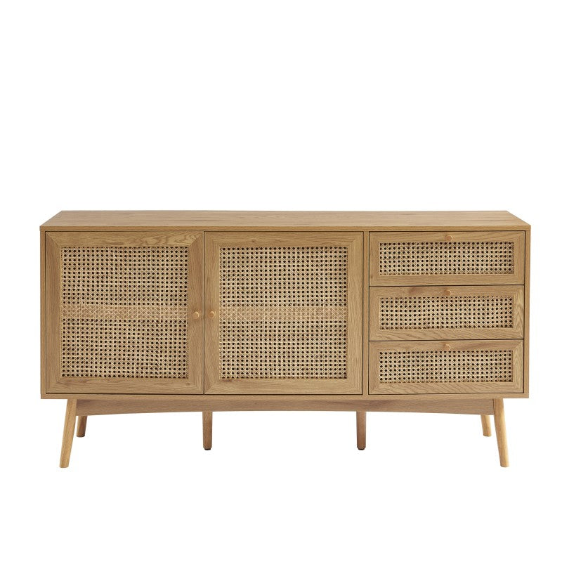 Buffet 2 portes 150cm effet chêne et cannage rotin, style rétro salon ou salle à manger