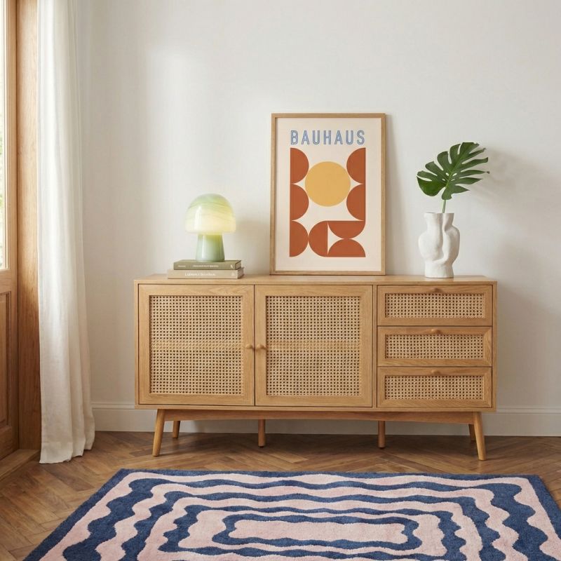 Buffet INES effet chêne et cannage rotin 2 portes 150cm