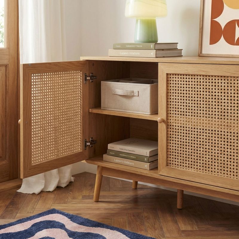 Buffet INES effet chêne et cannage rotin 2 portes 150cm
