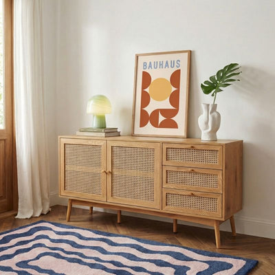 Buffet INES effet chêne et cannage rotin 2 portes 150cm