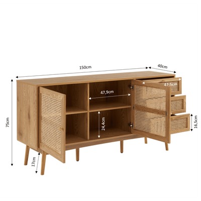Buffet INES effet chêne et cannage rotin 2 portes 150cm