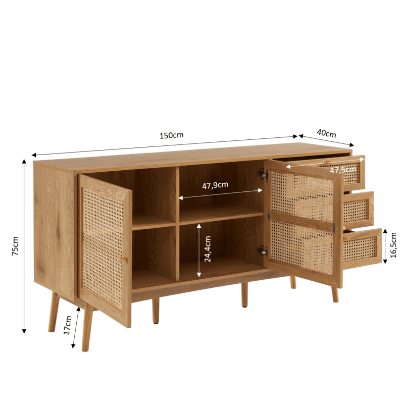 Buffet INES effet chêne et cannage rotin 2 portes 150cm