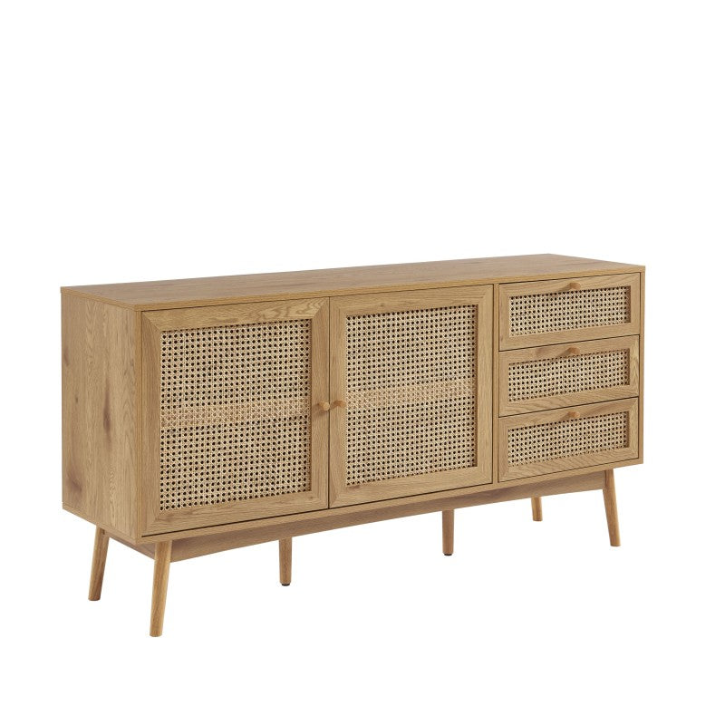 Buffet INES effet chêne et cannage rotin 2 portes 150cm