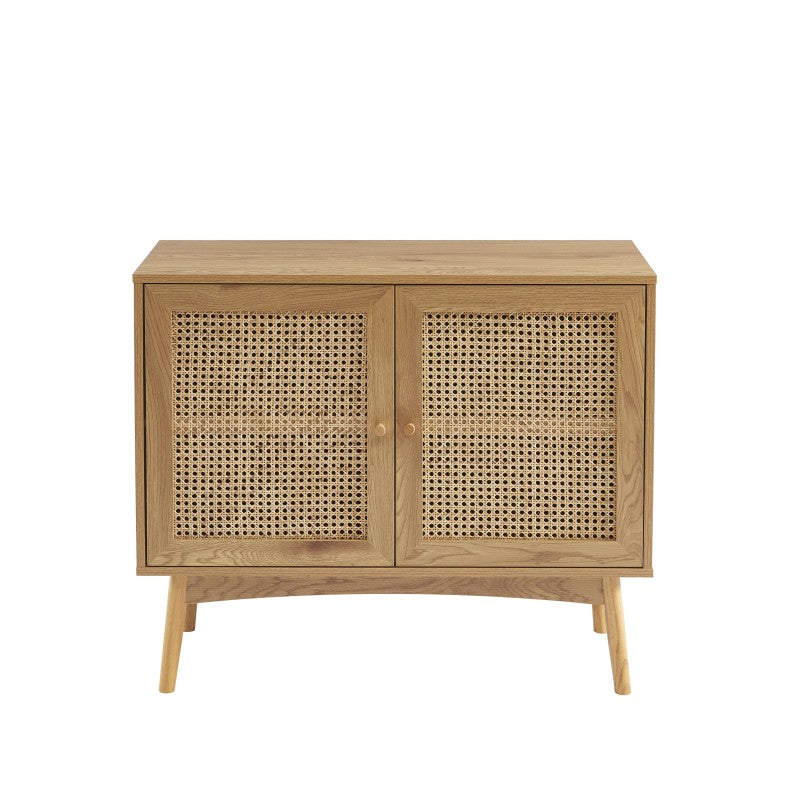 Buffet 2 portes 90cm effet chêne et cannage rotin, style rétro pour salon ou cuisine