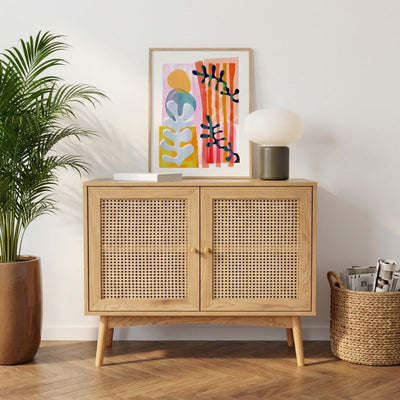 Buffet INES effet chêne et cannage rotin 2 portes 90cm