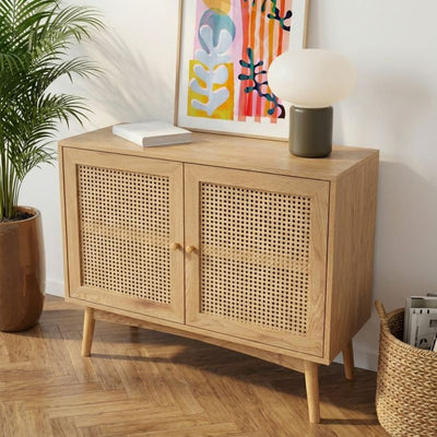 Buffet INES effet chêne et cannage rotin 2 portes 90cm
