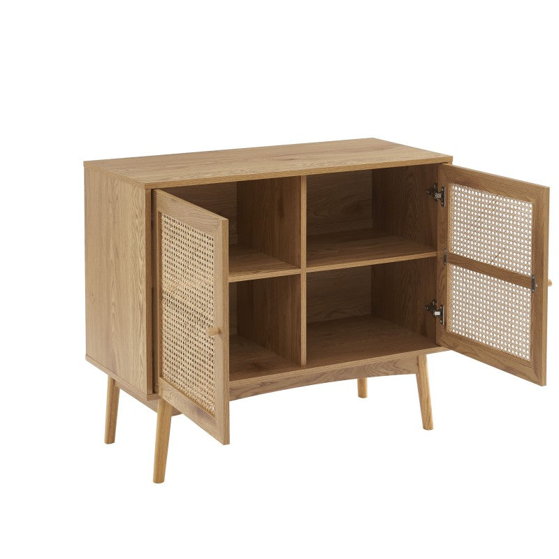 Buffet INES effet chêne et cannage rotin 2 portes 90cm