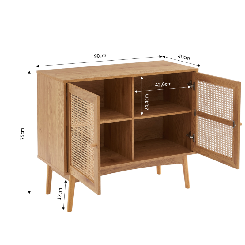 Buffet INES effet chêne et cannage rotin 2 portes 90cm
