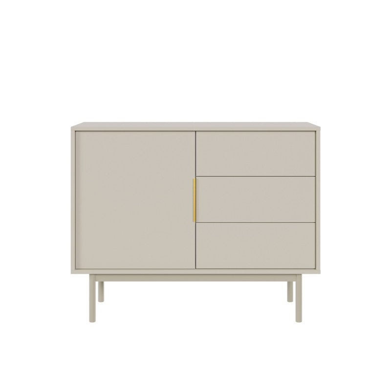 Buffet moderne JONA cachemire 1 porte 3 tiroirs 104cm, pieds fins et poignées dorées