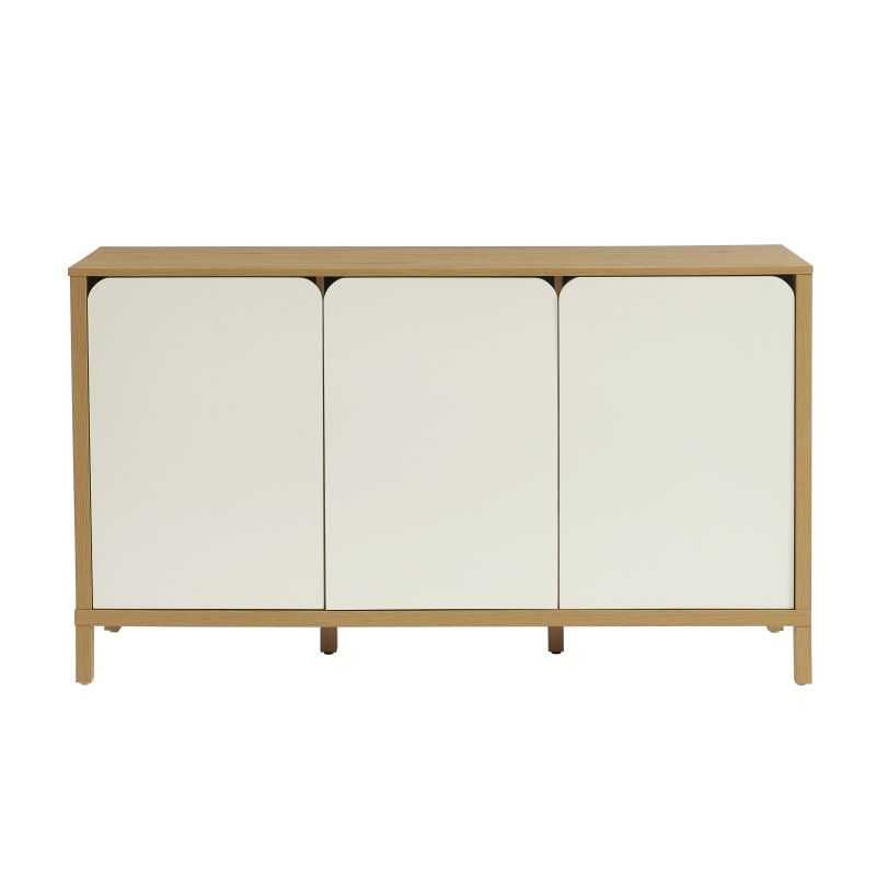 Buffet 3 portes effet chêne et façades blanches coins arrondis, 140cm
