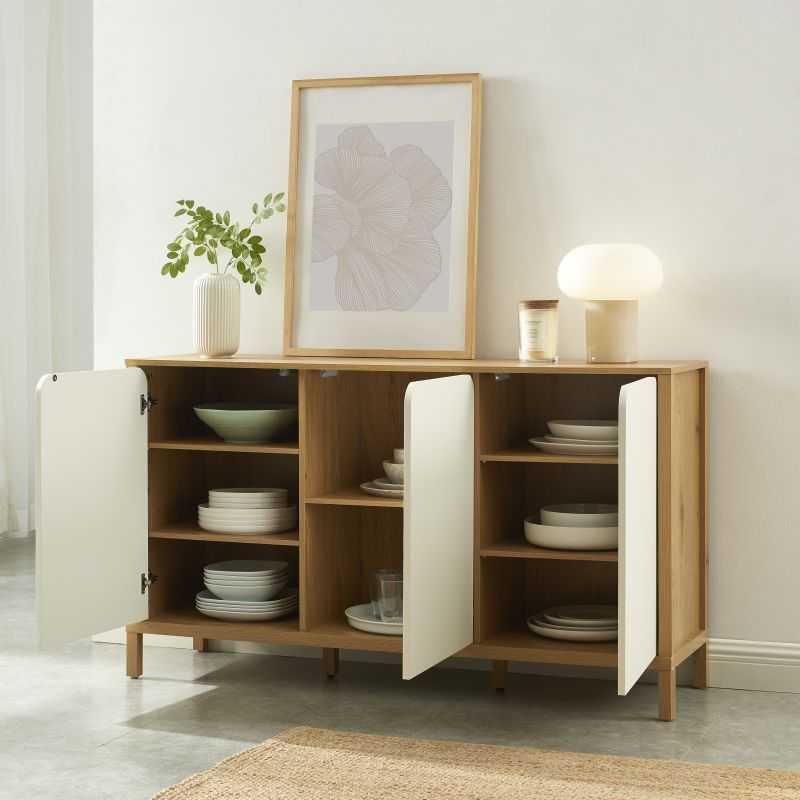 Buffet KILDA effet chêne 3 portes blanches 140cm