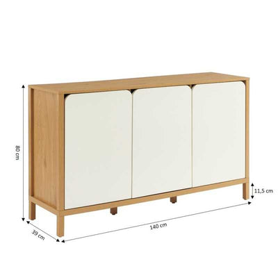 Buffet KILDA effet chêne 3 portes blanches 140cm