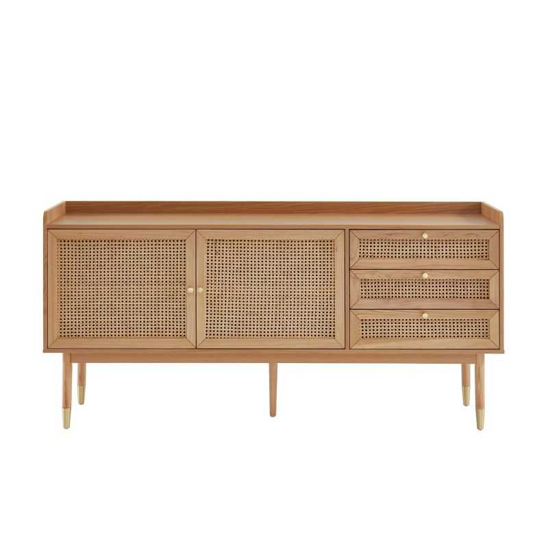 Buffet salon 180cm bois chêne et cannage rotin, 2 portes et 3 tiroirs