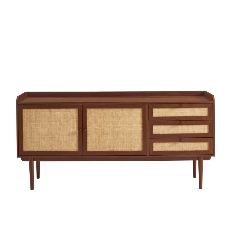 Buffet LEON 180cm placage noyer et cannage, 2 portes 3 tiroirs, style naturel élégant