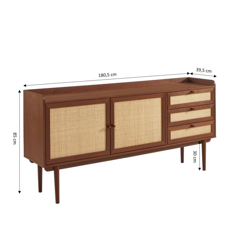 Buffet LEON noyer et cannage 2 portes 3 tiroirs 180cm