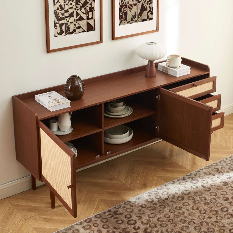 Buffet LEON noyer et cannage 2 portes 3 tiroirs 180cm
