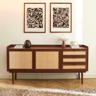 Buffet LEON noyer et cannage 2 portes 3 tiroirs 180cm