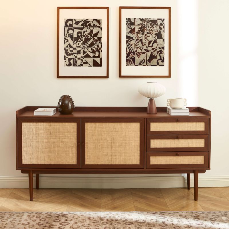Buffet LEON noyer et cannage 2 portes 3 tiroirs 180cm