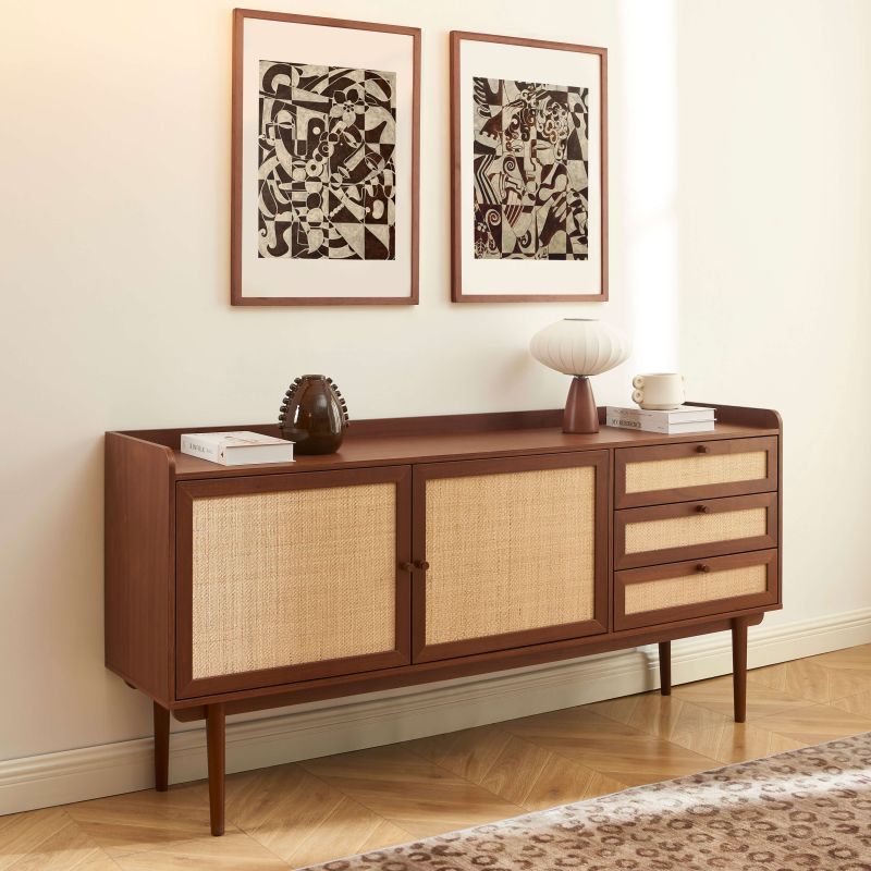 Buffet LEON noyer et cannage 2 portes 3 tiroirs 180cm