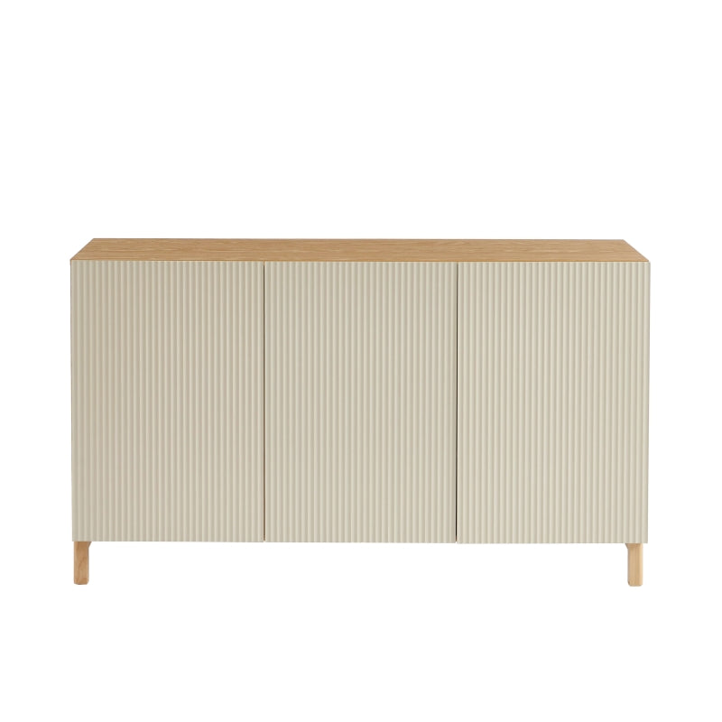 Buffet 3 portes façades cannelées beiges effet chêne 140cm, meuble salon moderne