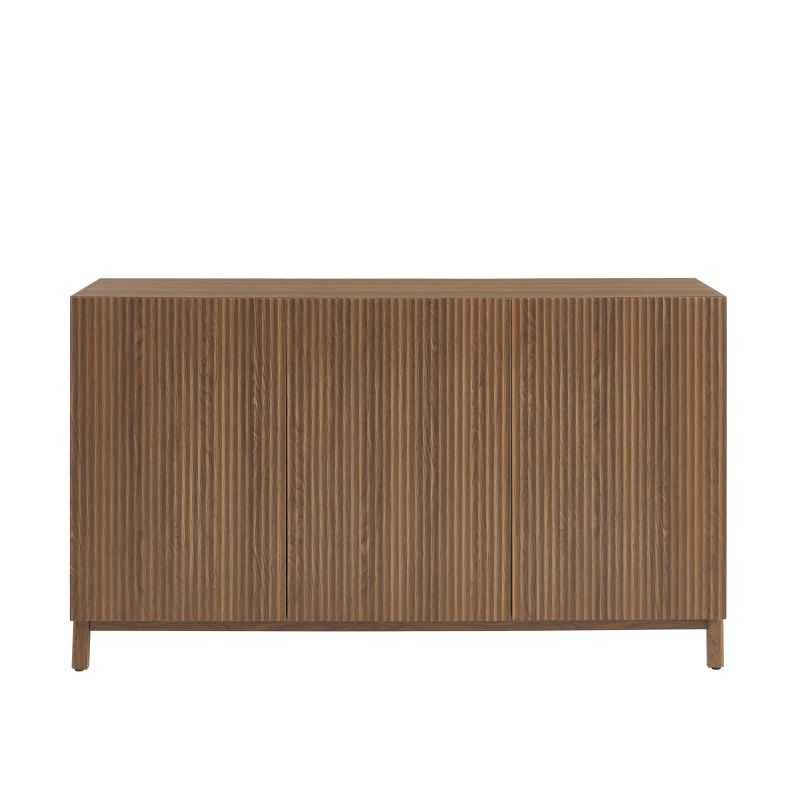 Buffet 3 portes 140cm effet noyer façades cannelées, meuble salon moderne