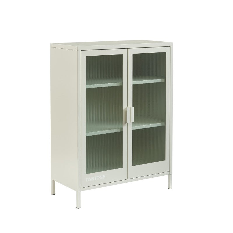 Buffet 2 portes 75cm verre cannelé et métal beige sable, rangement salon ou salle de bain