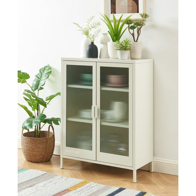 Buffet PANTONE en verre cannelé et métal beige sable foncé 2 portes 75cm