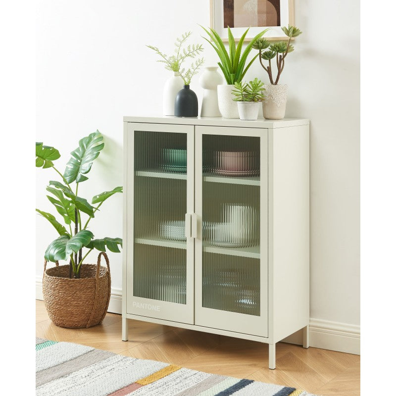 Buffet PANTONE en verre cannelé et métal beige sable foncé 2 portes 75cm