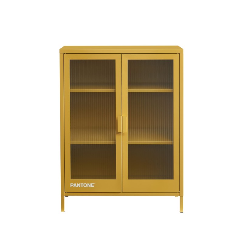 Buffet vitrine 2 portes 75cm verre cannelé et métal jaune moutarde, rangement salon